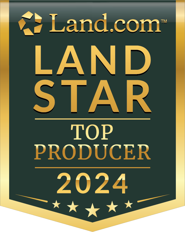 top producer badge A gold and dark green shield-shaped badge with the text Land.com LAND STAR TOP PRODUCER 2024 and star icons at the bottom.