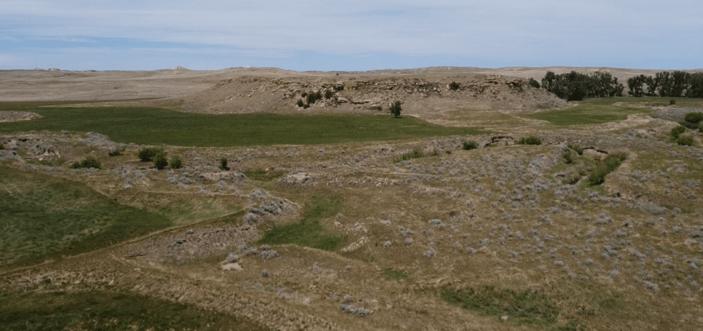 A wide landscape view of grassy plains with scattered shrubs, rocky outcrops, and a small hill formation in the center, under a partly cloudy sky. In the distance, ranch homes dot the horizon near a line of trees.