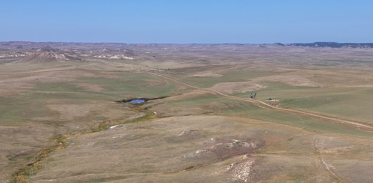 A wide, open plain with dry grass and patches of green, a small pond, few scattered trees, and distant hills beneath a clear blue sky—classic scenery for Montana ranches or idyllic hunting land. Dirt roads cross the landscape.