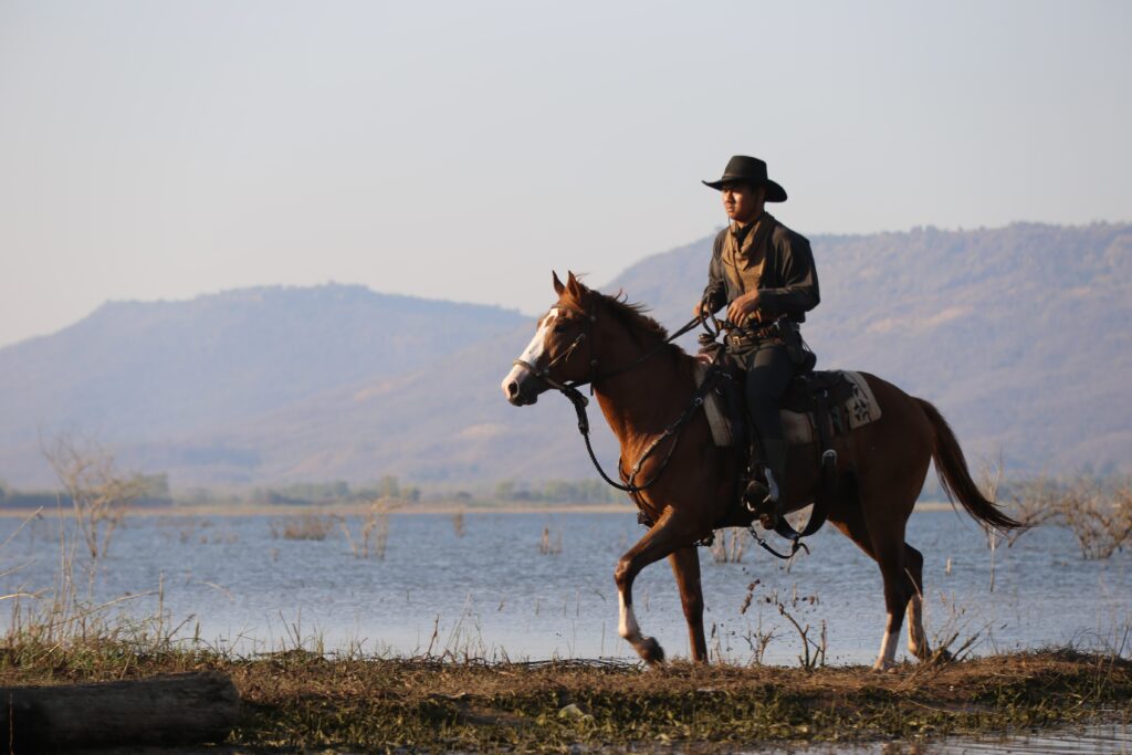 A person wearing a wide-brimmed hat rides a brown horse along a lakeshore, with distant mountains and a clear sky in the background—capturing the tranquil beauty often found on Montana ranches.