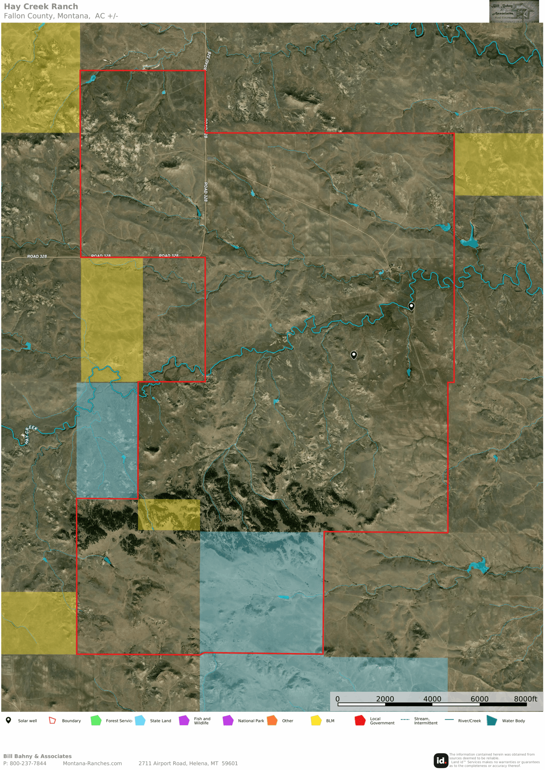 Aerial map of Hay Creek Ranch in Fallon County, Montana, outlined in red. Surrounding montana ranches are highlighted in various colors, with rivers, roads, and terrain features visible in the satellite imagery.