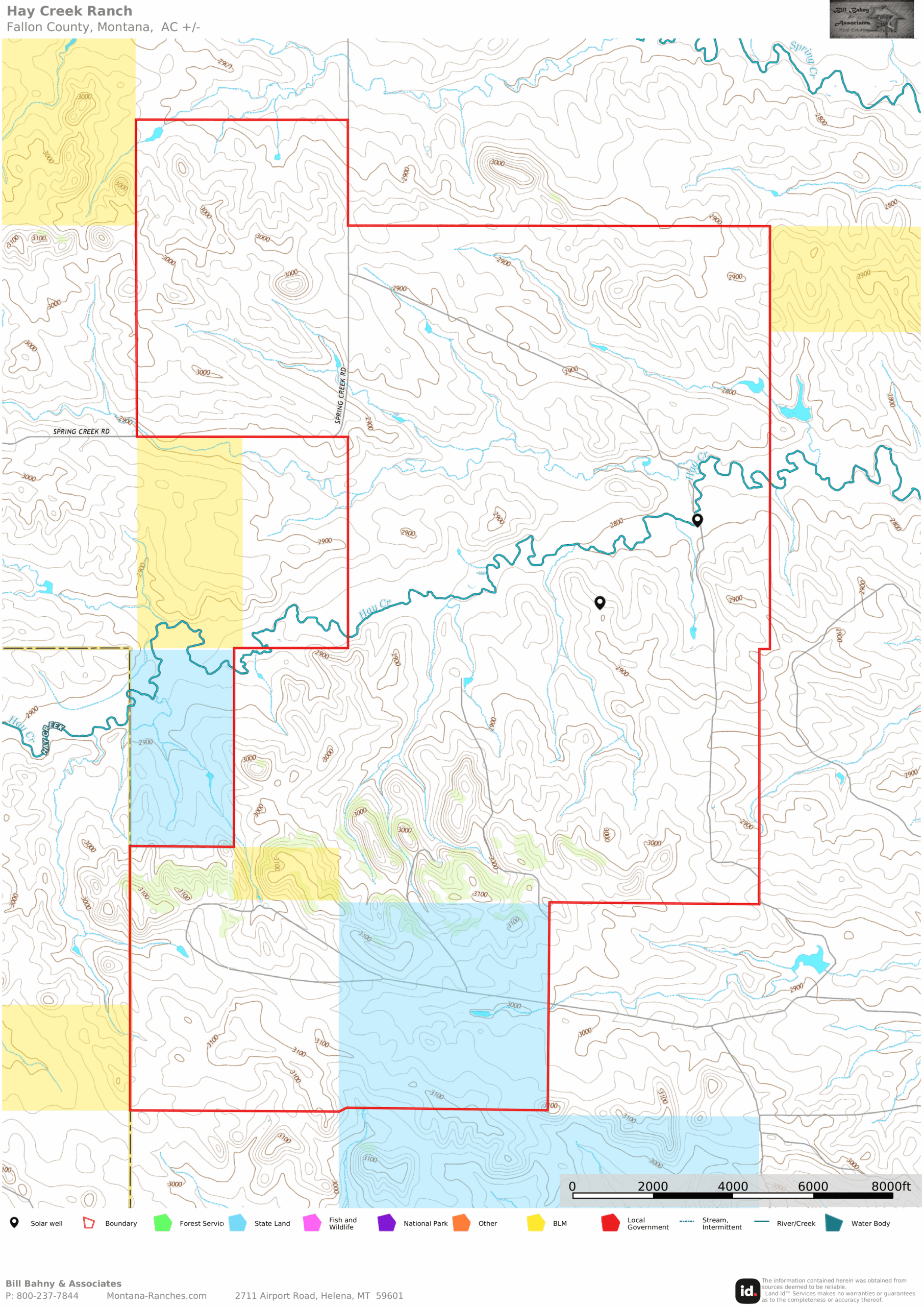 Topographic map of Hay Creek Ranch, one of the premier Montana ranches in Hill County, outlined in red. The map displays contour lines, water features, roads, and land parcels. A legend and contact info for ranch homes are at the bottom.