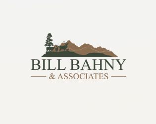 Logo for Bill Bahny & Associates featuring silhouettes of a tree, two elk, and mountains above the business name in green and brown tones—perfect for those seeking hunting land or ranch homes.
