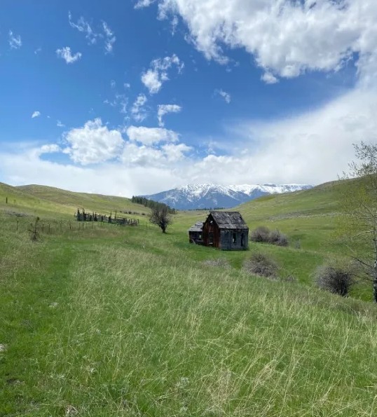 A small, weathered wooden cabin stands alone in a vast green field—an ideal retreat for those seeking ranch homes or dreaming of owning hunting land—set against rolling hills and snow-capped mountains beneath a partly cloudy blue sky.