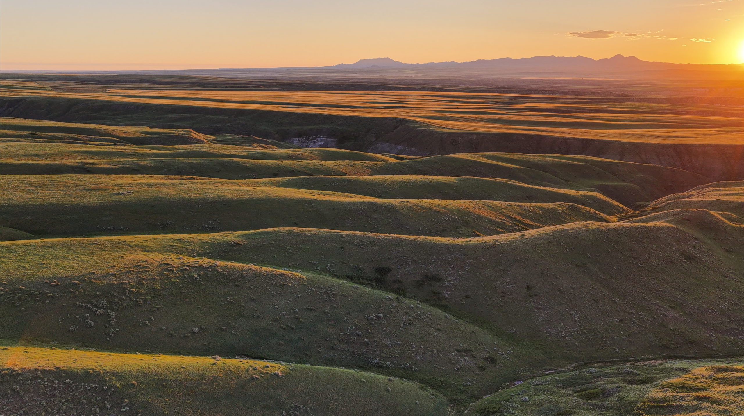 Rolling green hills stretch into the distance under a golden sunset, with mountains silhouetted on the horizon and rays of sunlight illuminating the landscape.