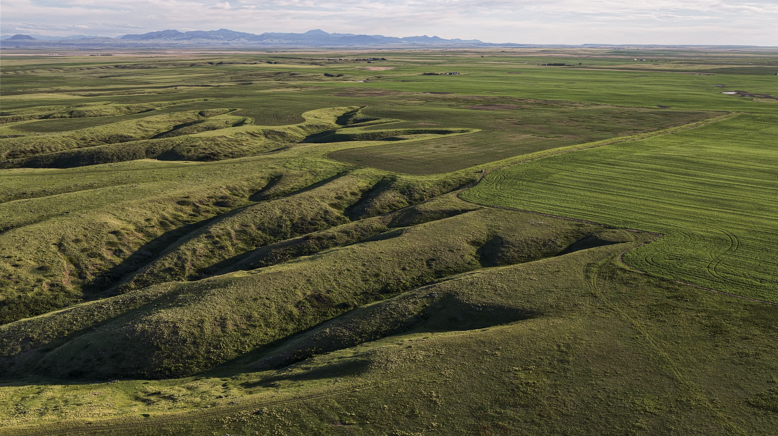 Aerial view of rolling green hills and flat farmland, with distant mountains under a cloudy sky. Erosion lines mark the landscape, blending natural terrain with cultivated fields.