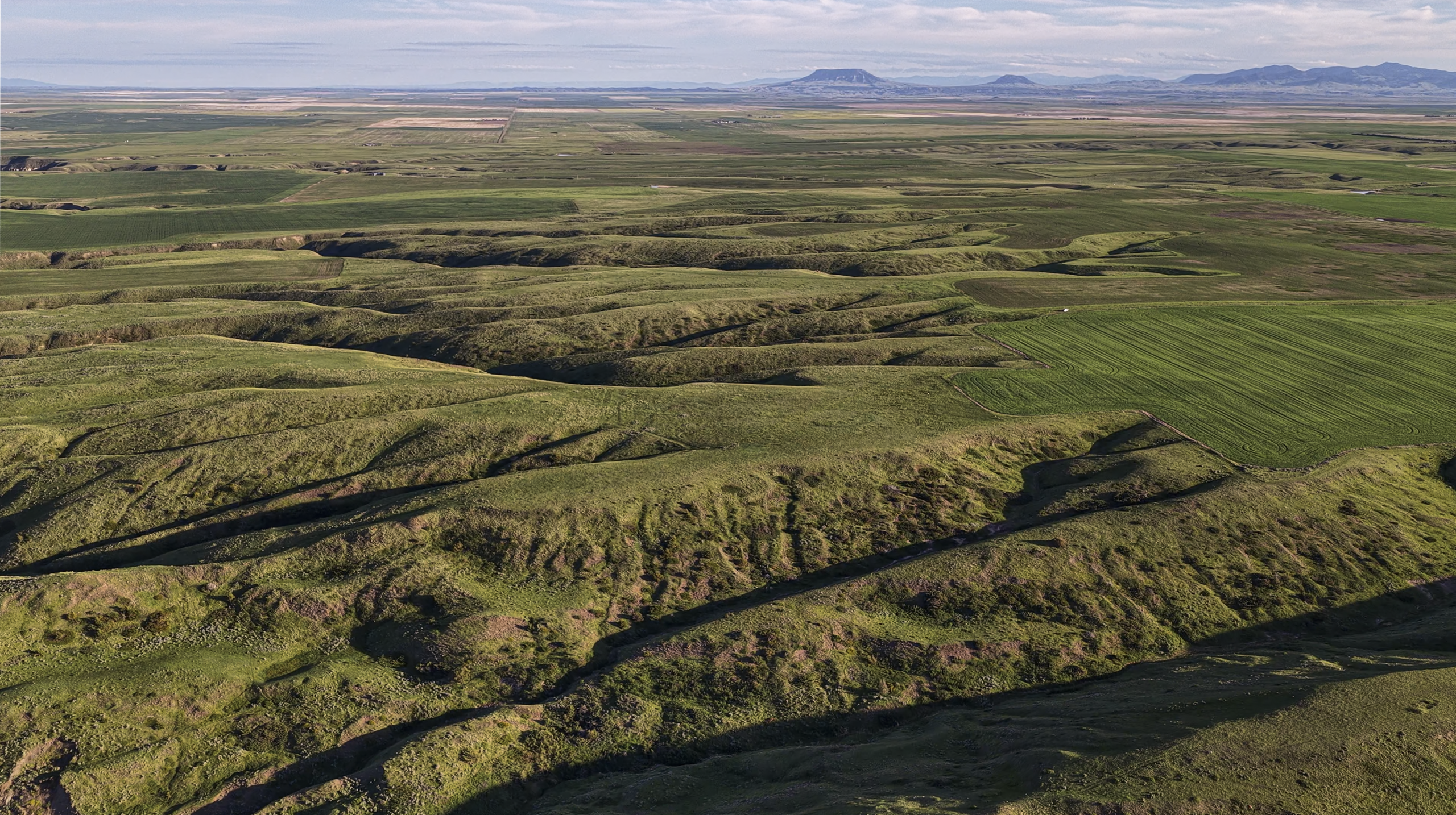 Aerial view of rolling green hills with deep grooves and patches of farmland, stretching to distant mountains under a partly cloudy sky.