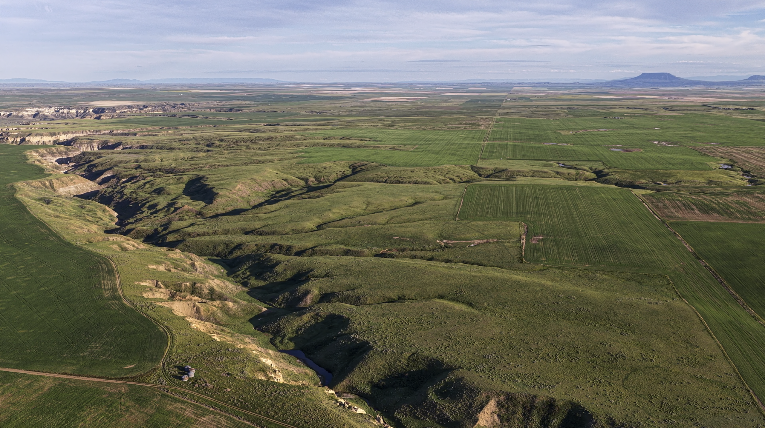 Aerial view of a vast, green landscape with fields, rolling hills, and a meandering creek under a blue sky with light clouds. Farmland and distant mountains are visible on the horizon.