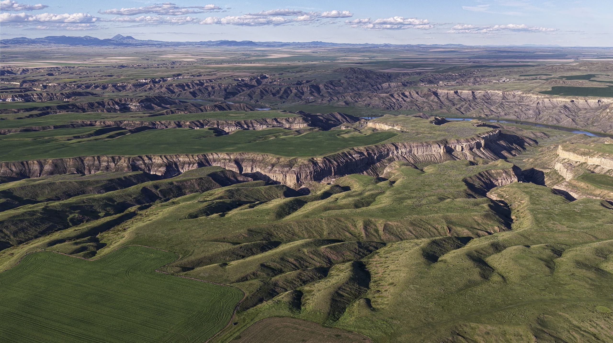 Aerial view of green grassy plateaus and deep rugged valleys stretching into the distance under a partly cloudy sky, with distant mountains on the horizon.
