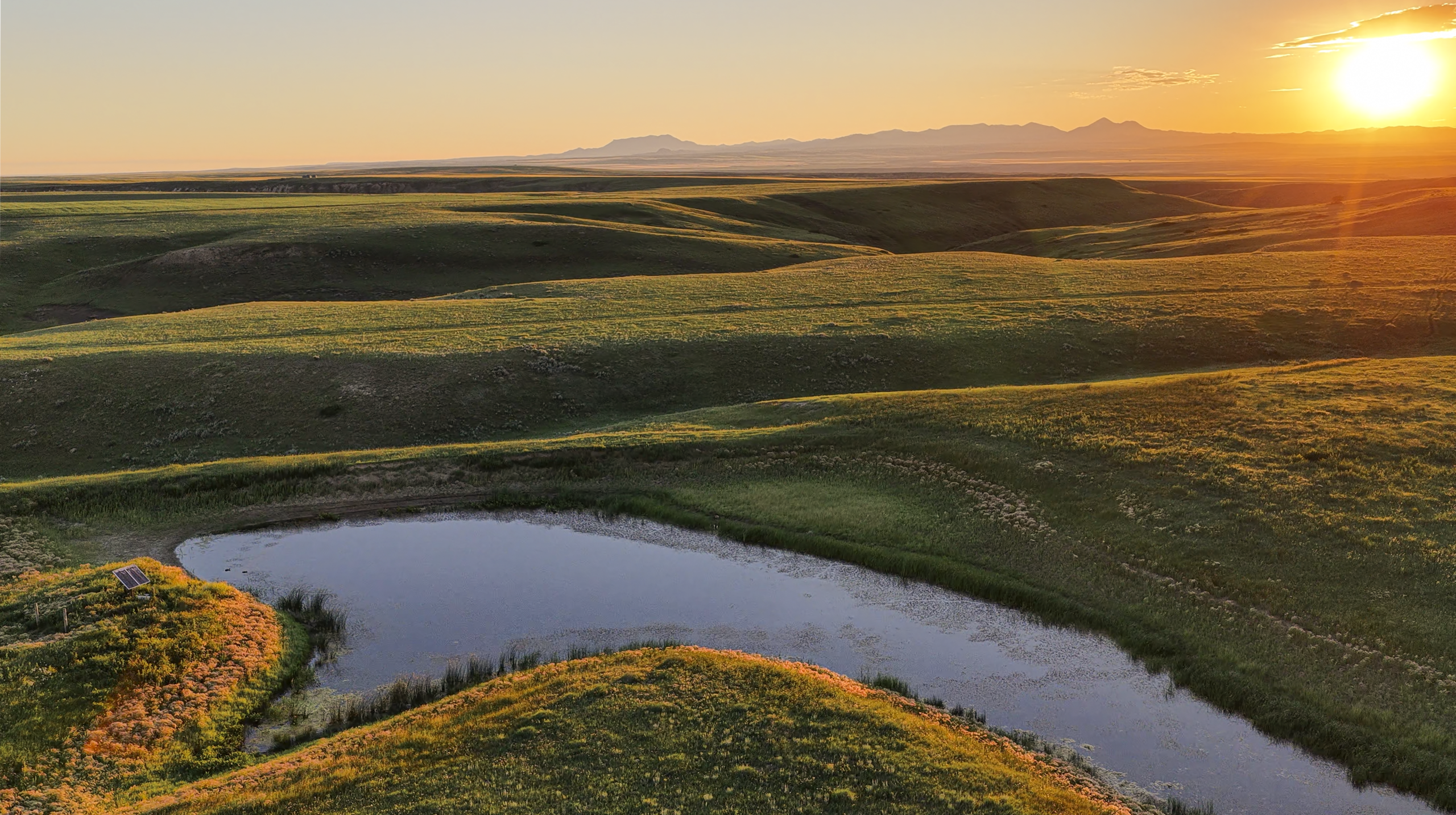 A small pond surrounded by grassy hills at sunset, with golden sunlight casting long shadows and distant mountains visible on the horizon.