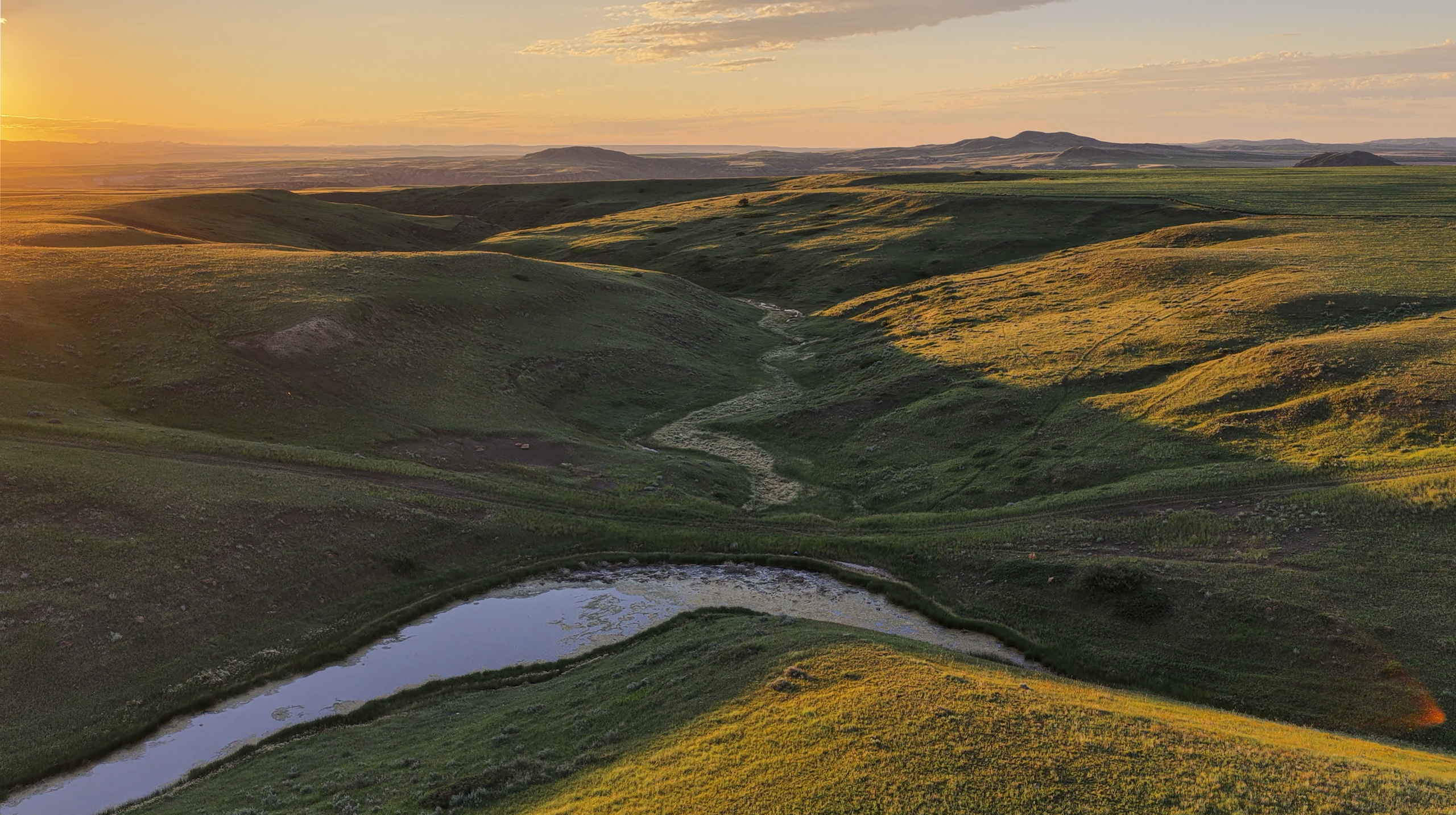 Rolling green hills at sunset with a winding path and a small pond in the foreground. The sunlight casts a golden glow over the landscape, creating long shadows and highlighting the curves of the hills.