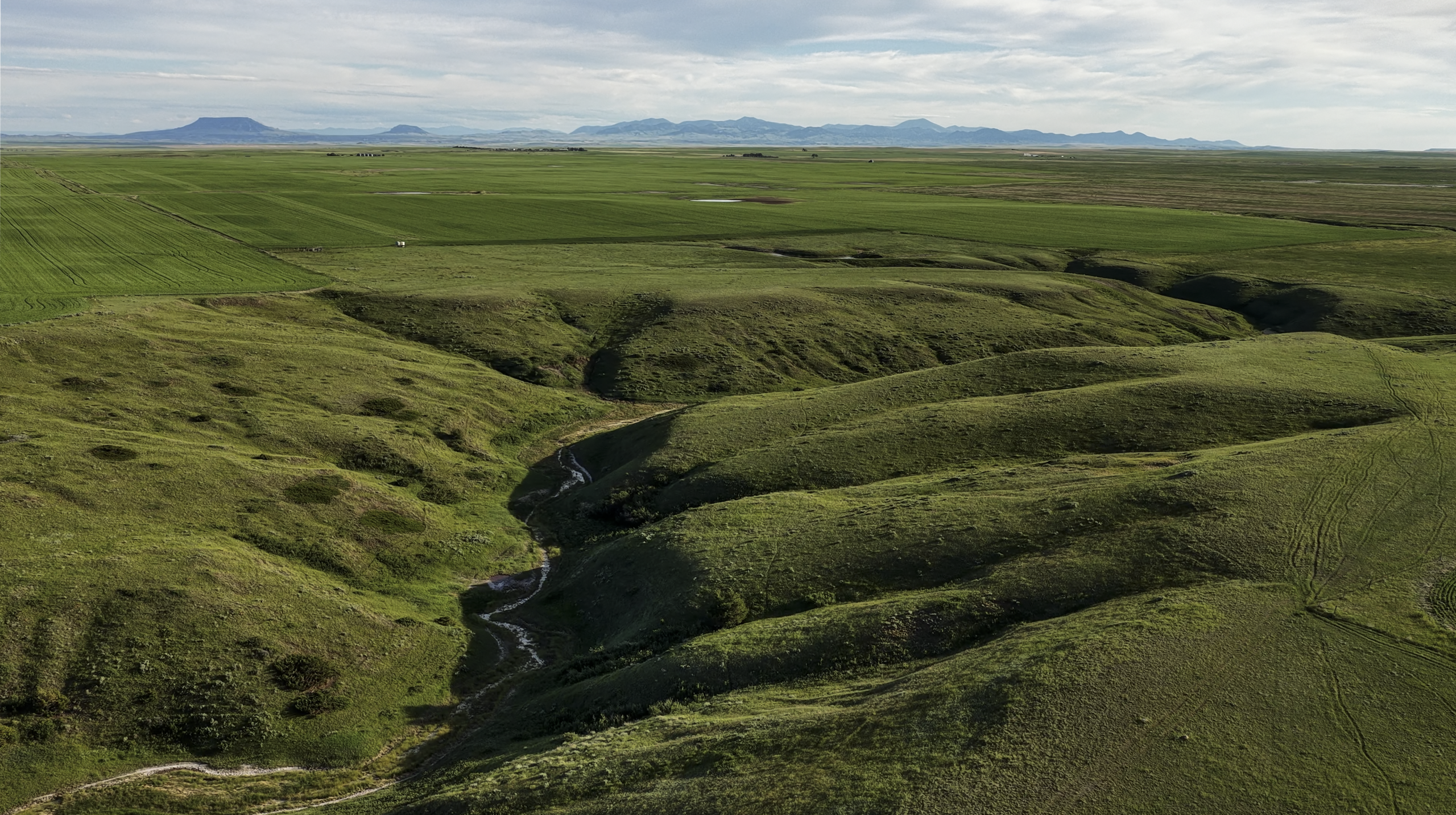 Aerial view of rolling green hills with a small creek, surrounded by flat farmland and distant mountains under a partly cloudy sky.